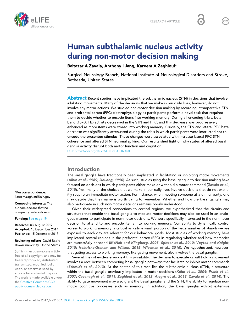 Human Subthalamic Nucleus Activity During Non-Motor Decision Making Baltazar a Zavala, Anthony I Jang, Kareem a Zaghloul*