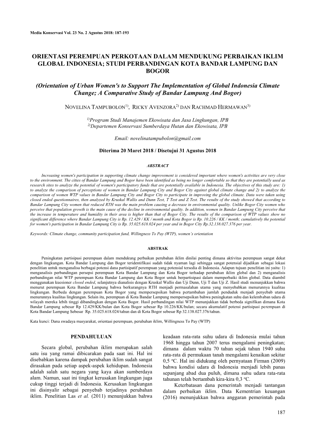 Orientasi Perempuan Perkotaan Dalam Mendukung Perbaikan Iklim Global Indonesia; Studi Perbandingan Kota Bandar Lampung Dan Bogor