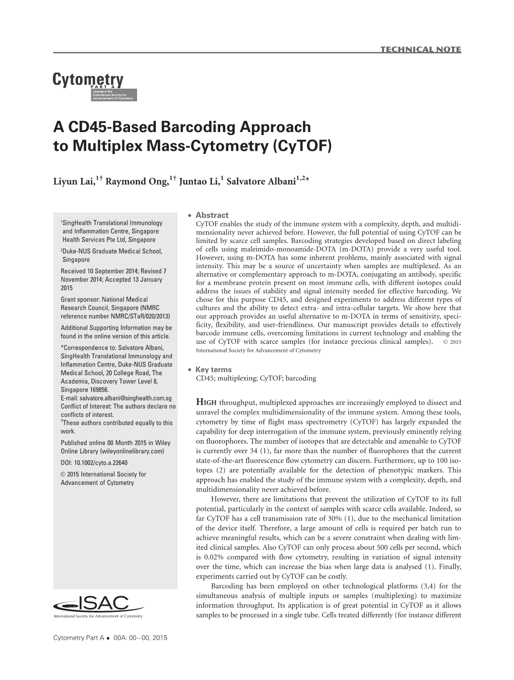 A CD45-Based Barcoding Approach to Multiplex Mass-Cytometry (Cytof)