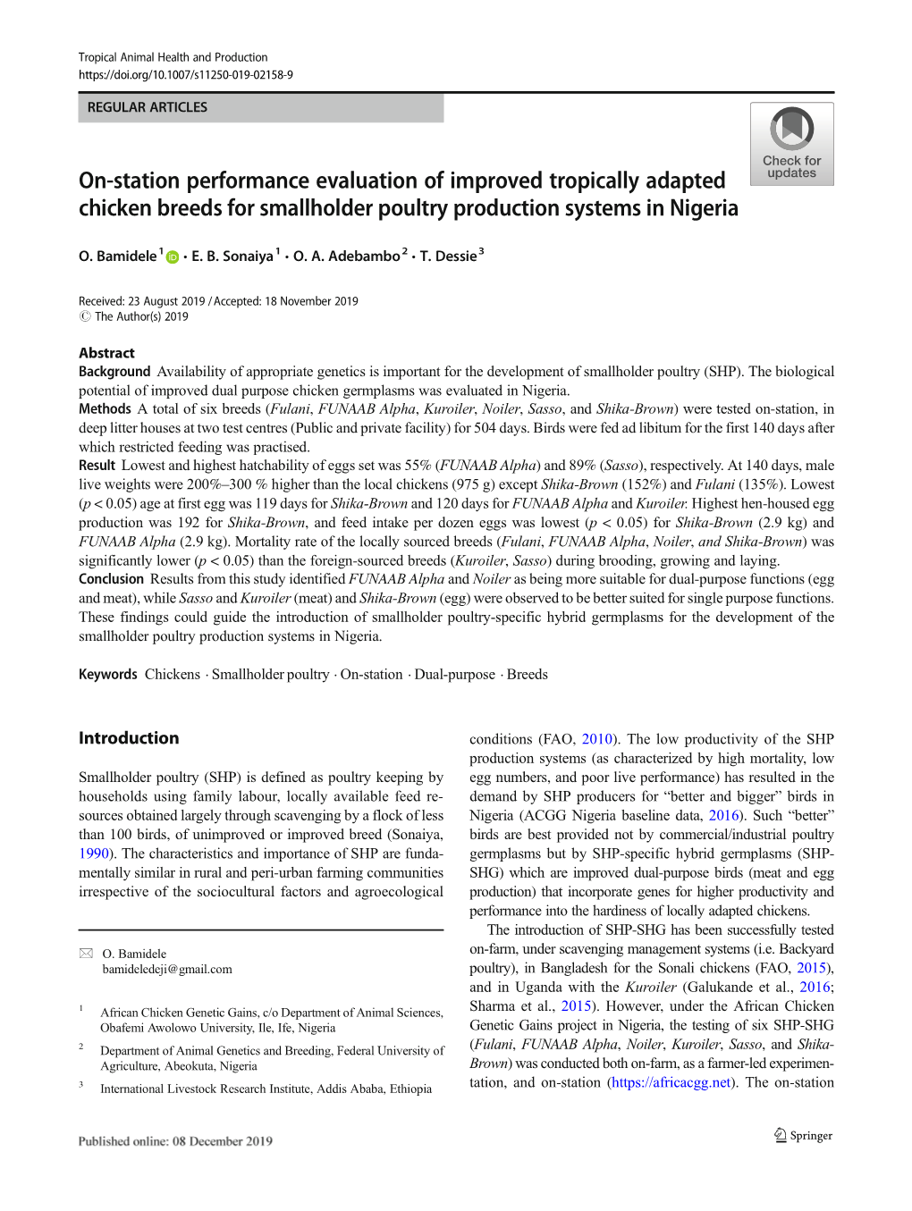 On-Station Performance Evaluation of Improved Tropically Adapted Chicken Breeds for Smallholder Poultry Production Systems in Nigeria