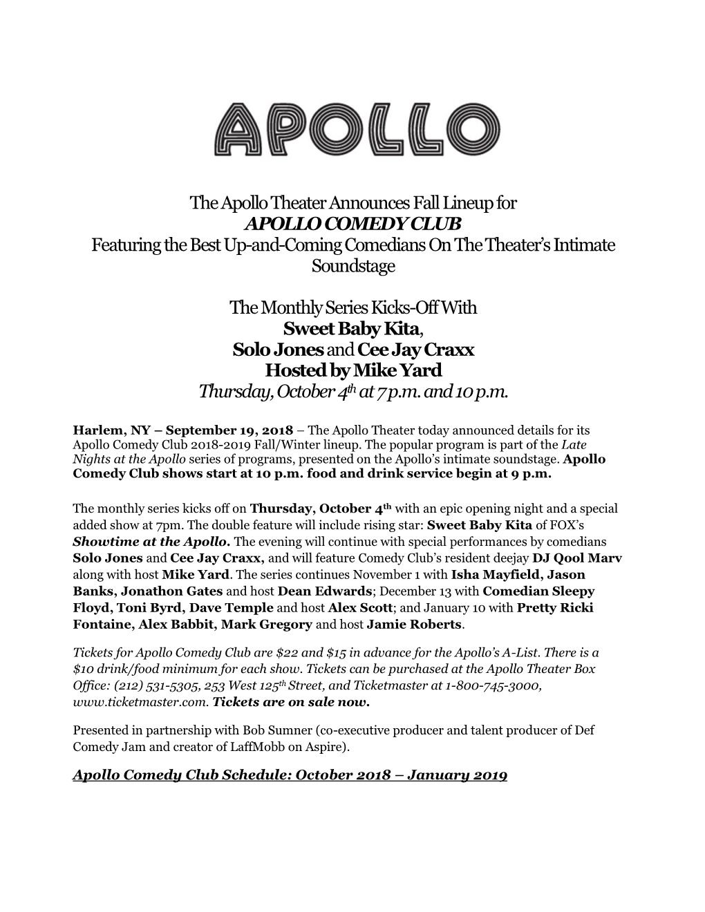 The Apollo Theater Announces Fall Lineup for APOLLO COMEDY CLUB Featuring the Best Up-And-Coming Comedians on the Theater's I