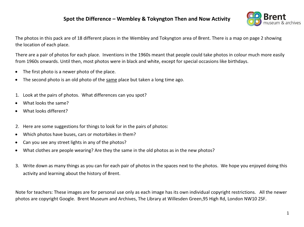 Spot the Difference – Wembley & Tokyngton Then and Now Activity