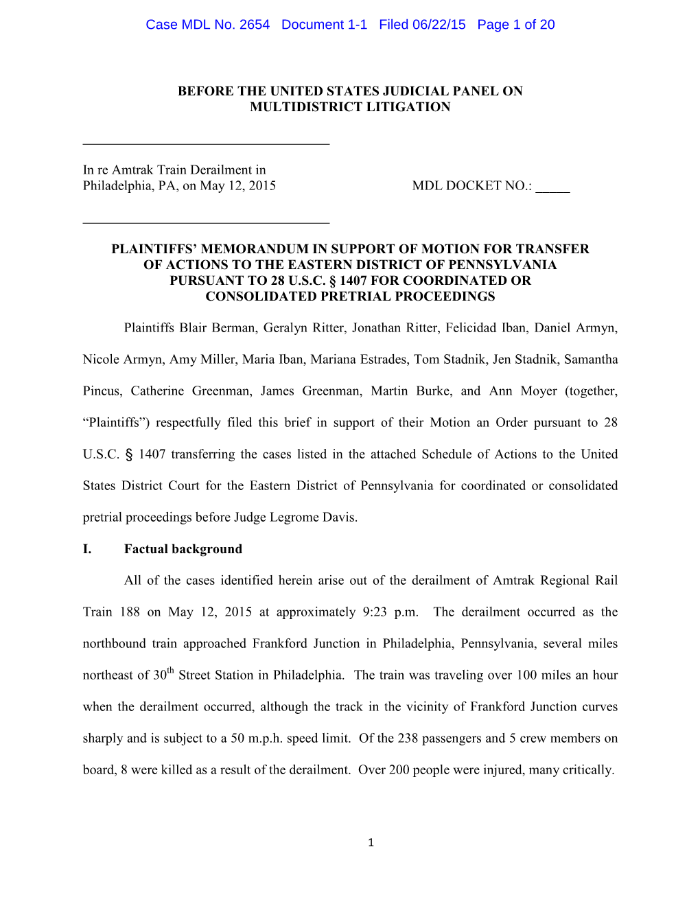 Case MDL No. 2654 Document 1-1 Filed 06/22/15 Page 1 of 20