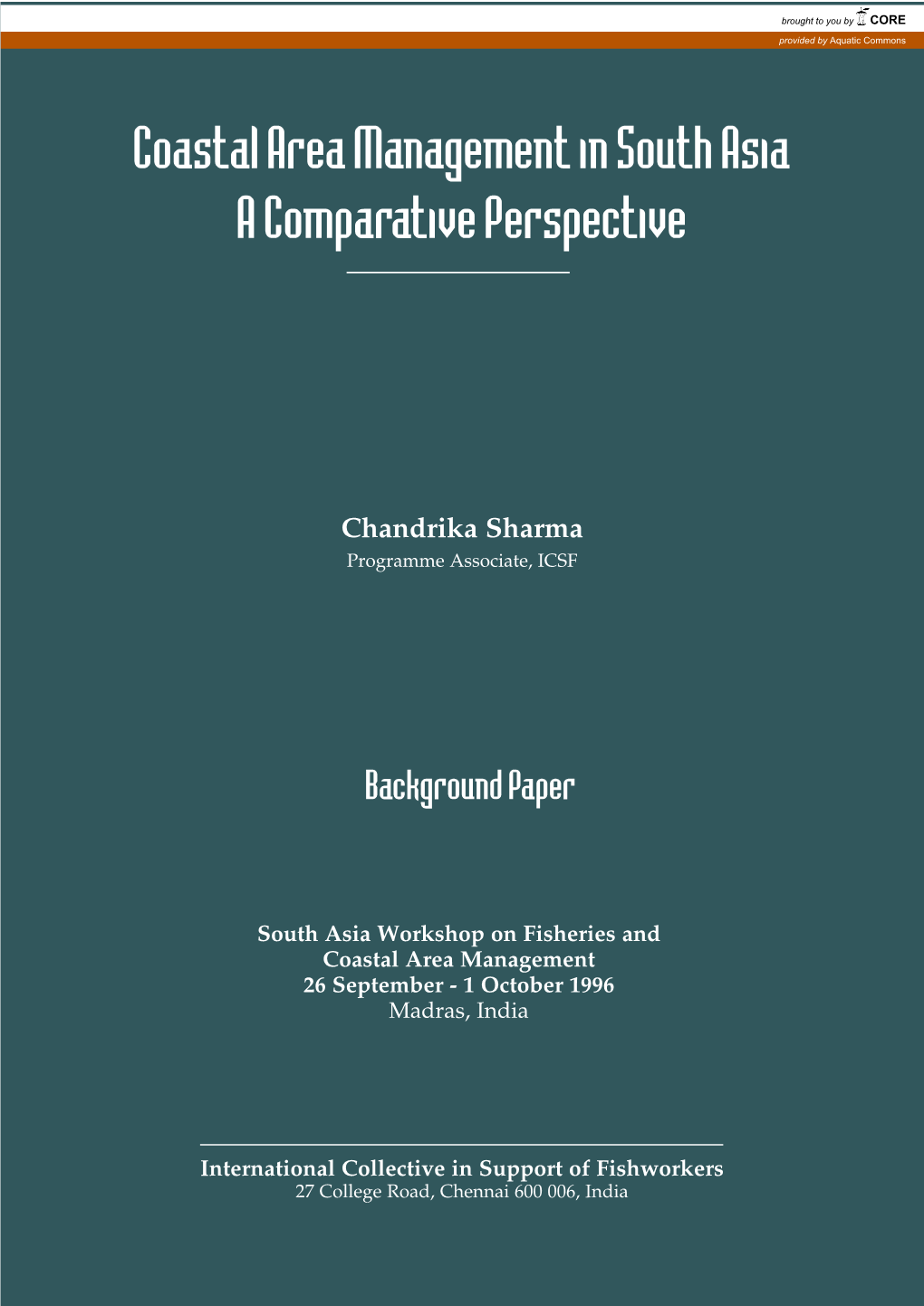 Coastal Area Management in South Asia a Comparative Perspective