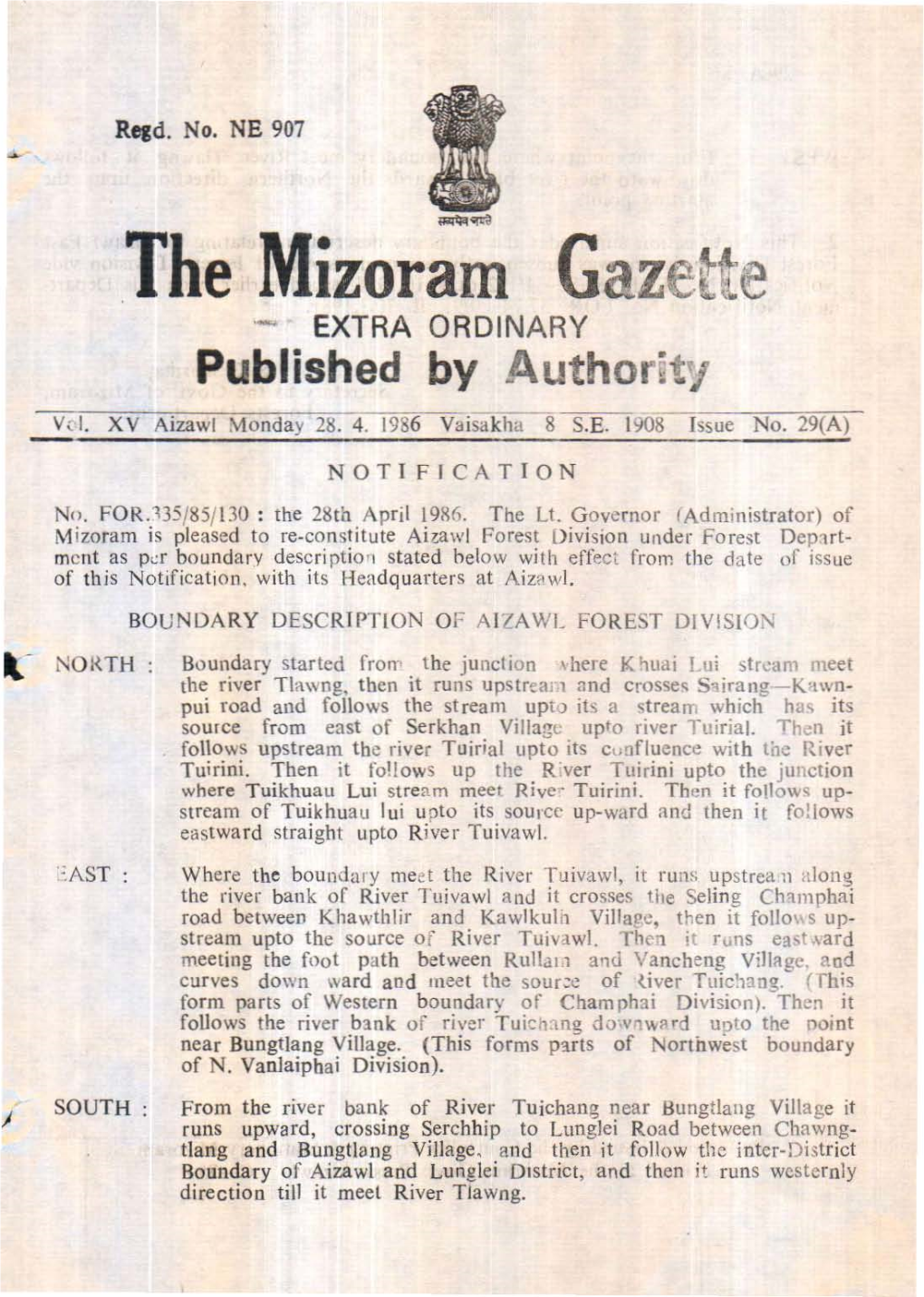 The Mizoram G Aze ~T E .- EXTRA ORD INARY Published by Author:Ty V