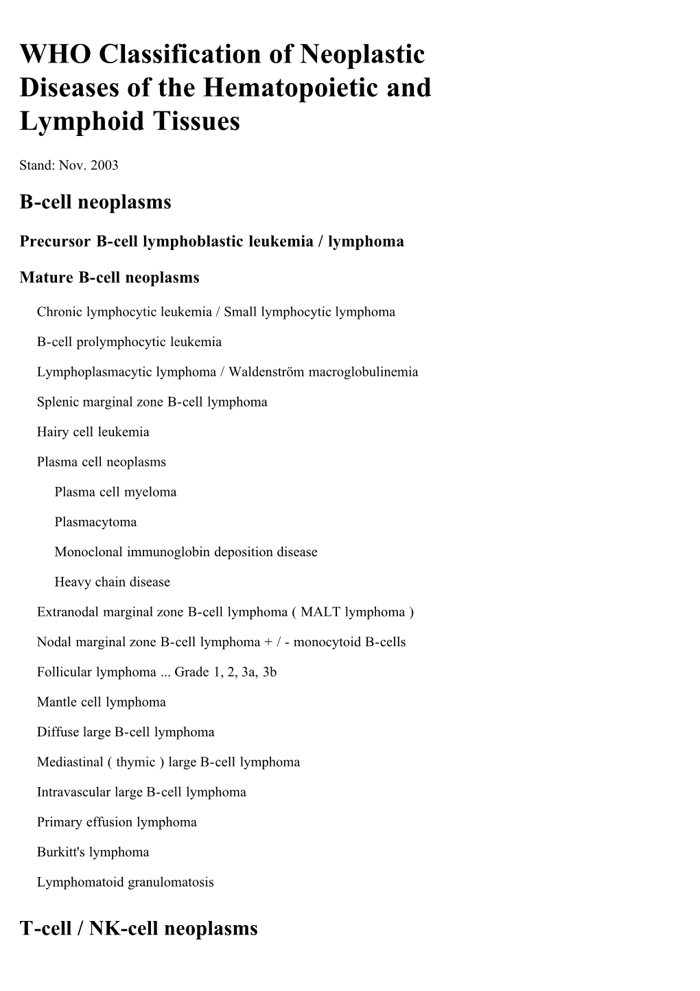 WHO Classification of Neoplastic Diseases of the Hematopoietic and Lymphoid Tissues