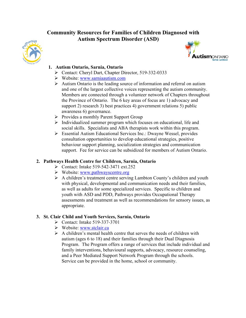 Community Resources for Families of Children Diagnosed with Autism Spectrum Disorder (ASD)