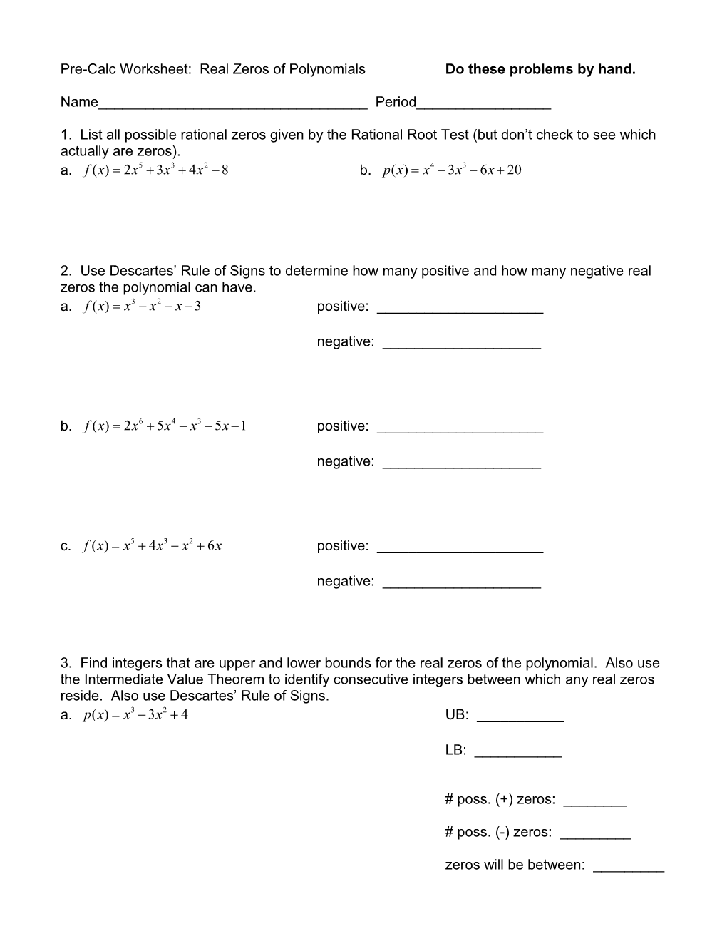 Pre-Calc Worksheet: Real Zeros of Polynomials