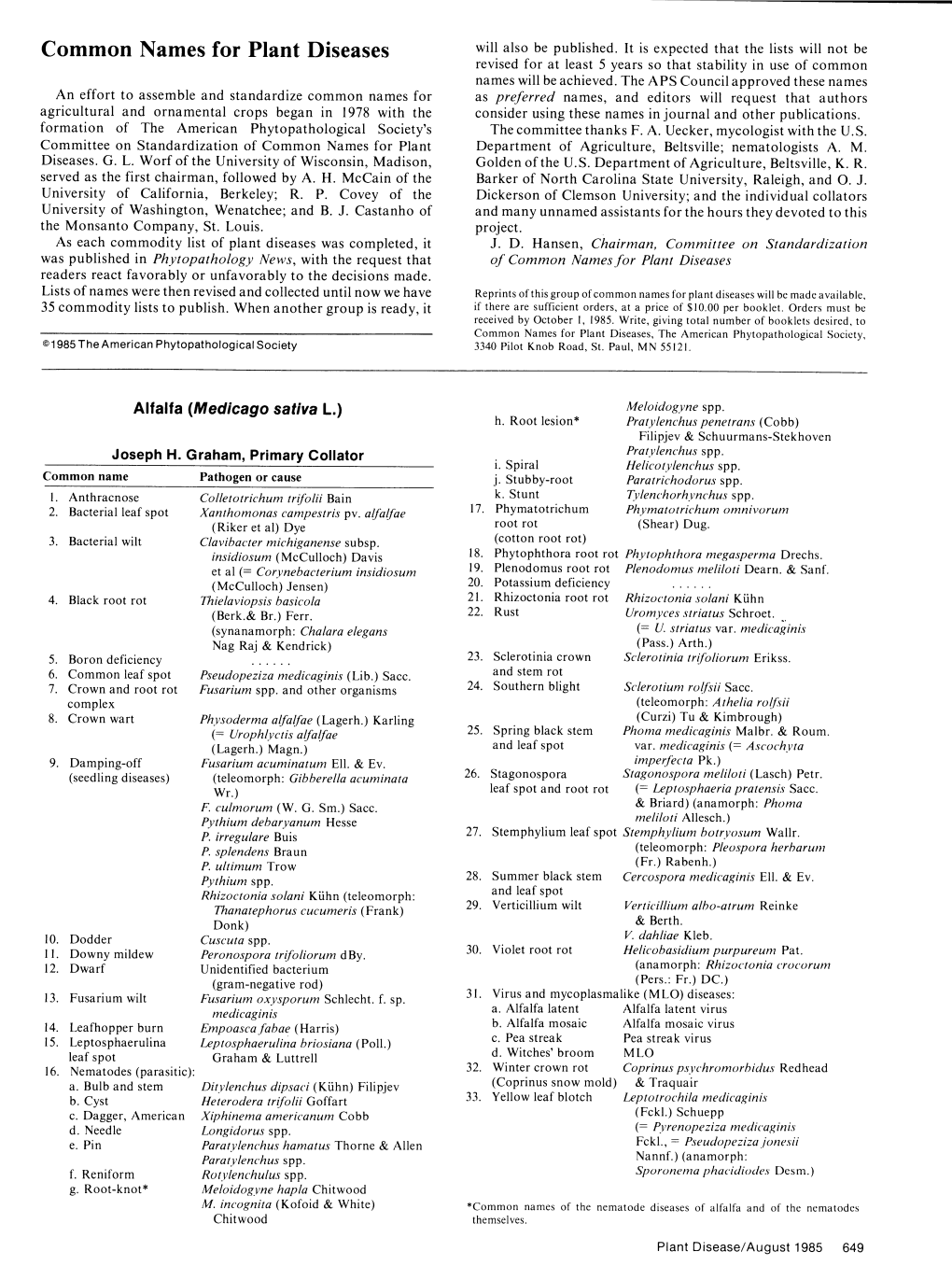 Common Names for Plant Diseases Will Also Be Published