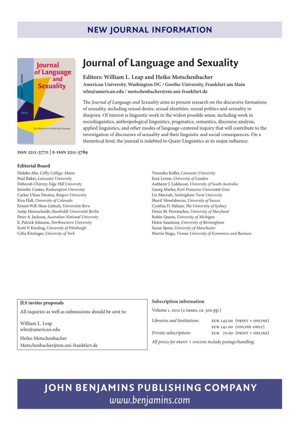 Journal of Language and Sexuality Editors: William L