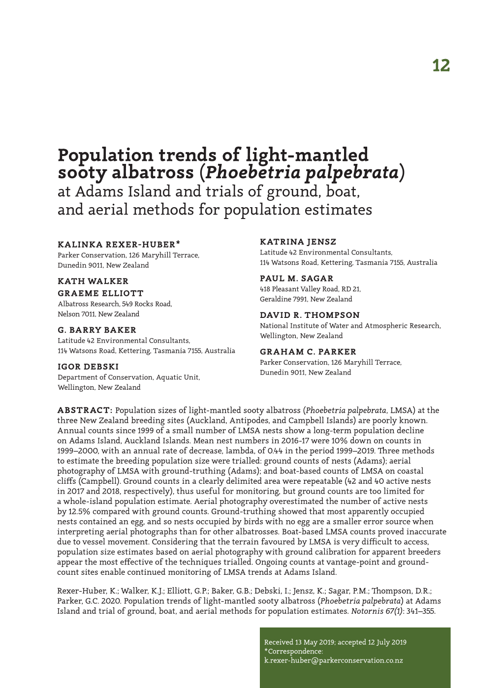 Population Trends of Light-Mantled Sooty Albatross (Phoebetria Palpebrata) at Adams Island and Trials of Ground, Boat, and Aerial Methods for Population Estimates
