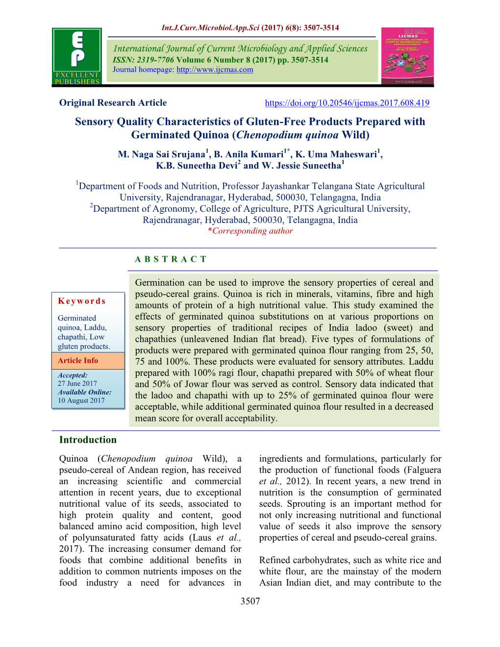 Sensory Quality Characteristics of Gluten-Free Products Prepared with Germinated Quinoa (Chenopodium Quinoa Wild)