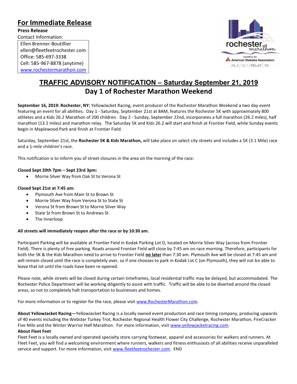 For Immediate Release Day 1 of Rochester Marathon Weekend