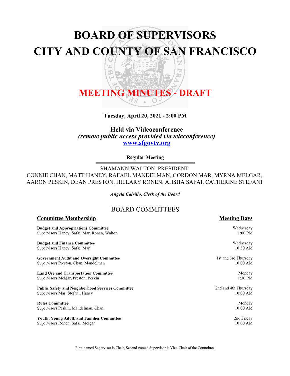 Board of Supervisors City and County of San Francisco