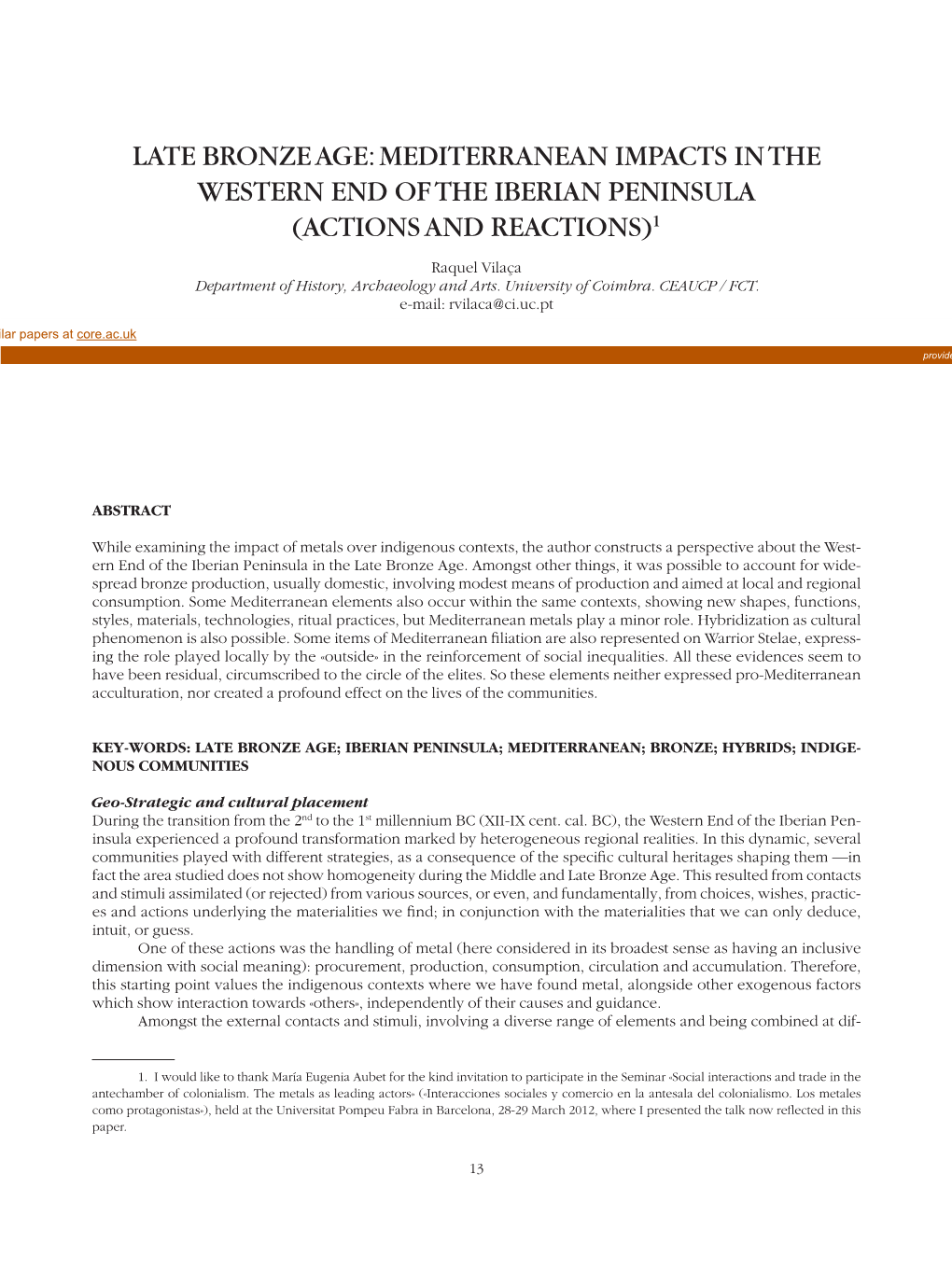 Late Bronze Age: Mediterranean Impacts in the Western End of the Iberian Peninsula (Actions and Reactions)1