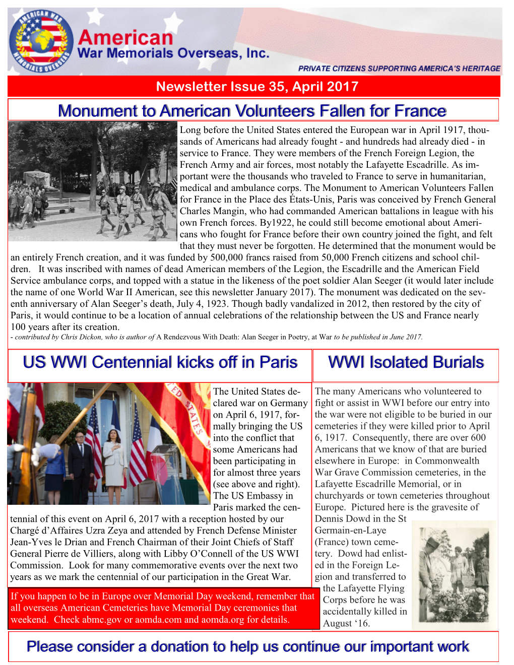 US WWI Centennial Kicks Off in Paris Monument to American Volunteers Fallen for France WWI Isolated Burials