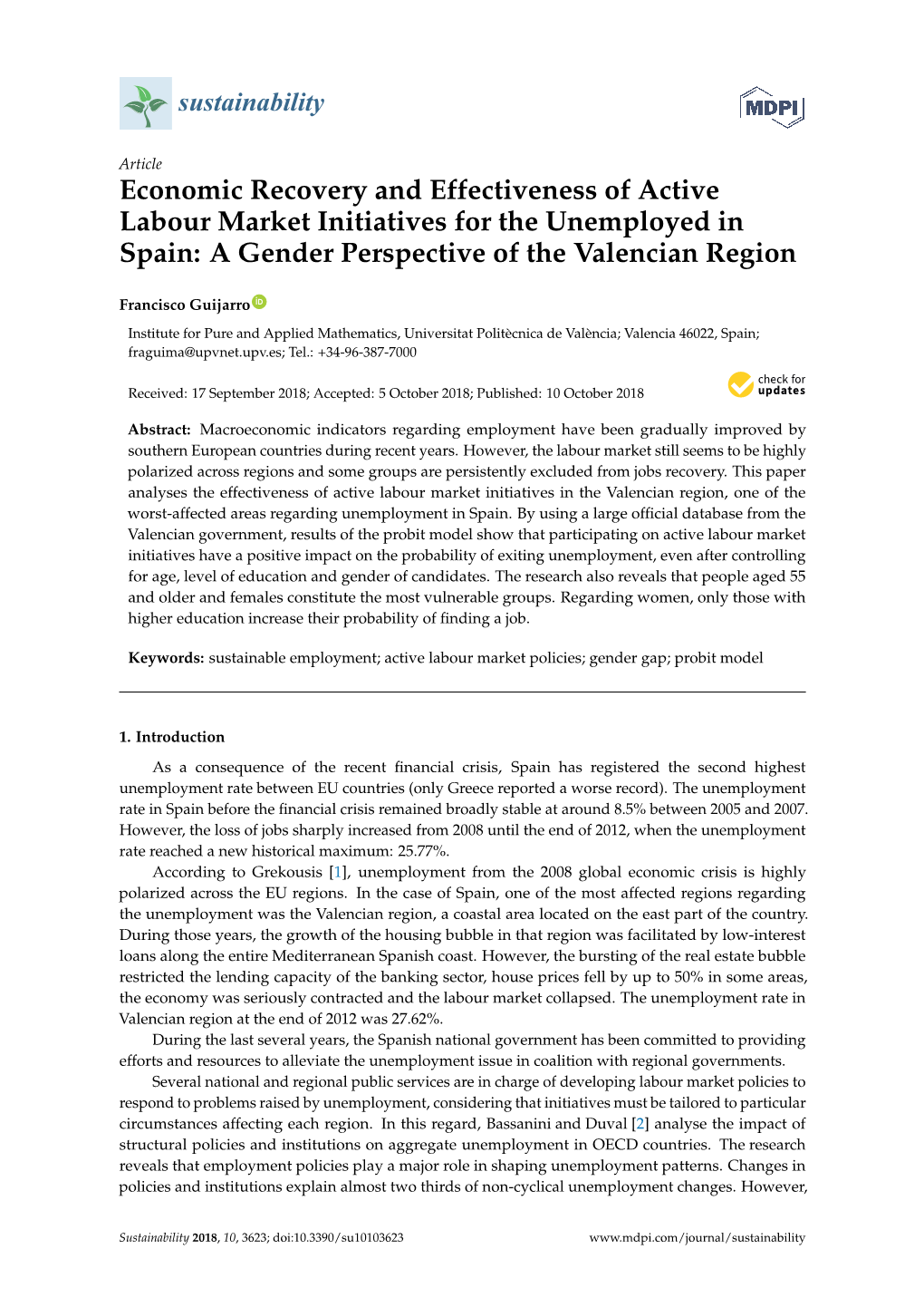 Economic Recovery and Effectiveness of Active Labour Market Initiatives for the Unemployed in Spain: a Gender Perspective of the Valencian Region