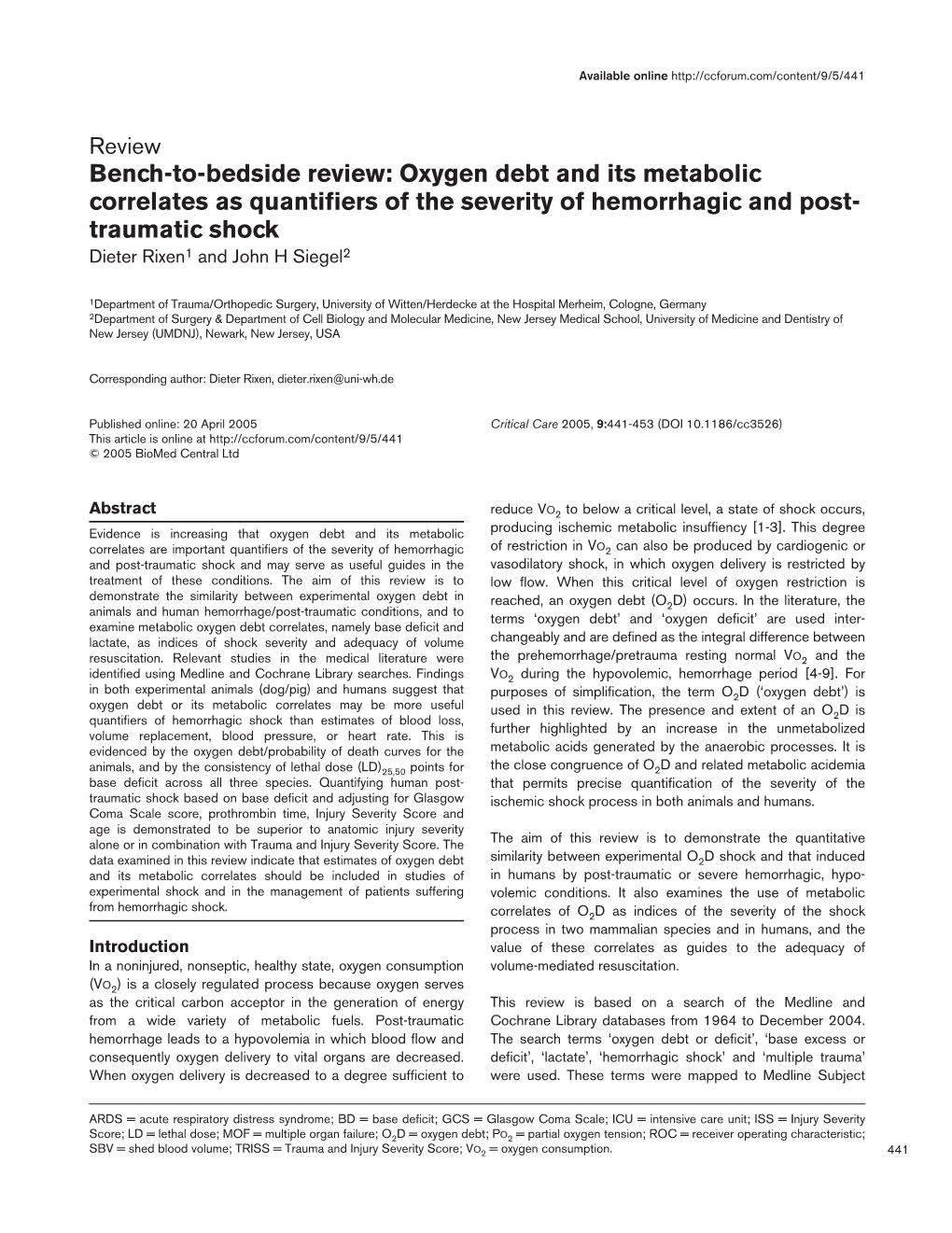 Bench-To-Bedside Review: Oxygen Debt and Its Metabolic Correlates As Quantifiers of the Severity of Hemorrhagic and Post- Trauma