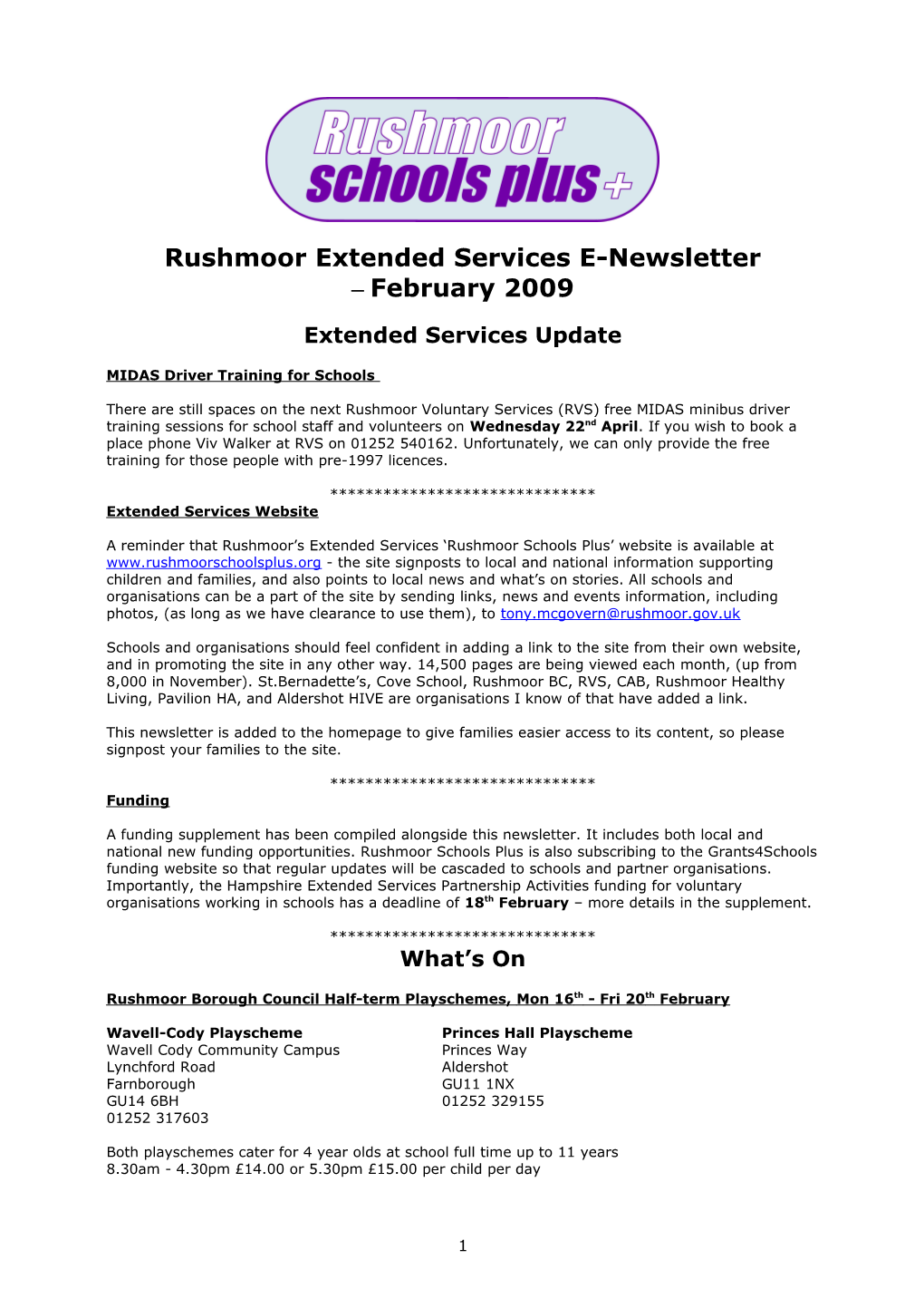 Rushmoor Extended Services E-Newsletter