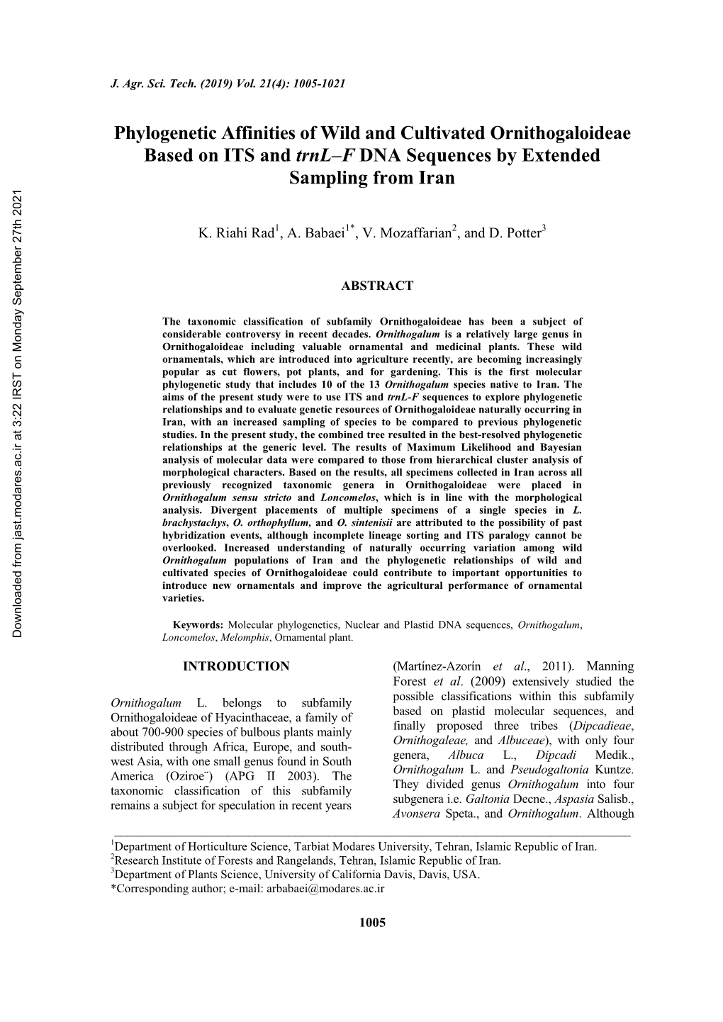 Phylogenetic Affinities of Wild and Cultivated Ornithogaloideae Based on ITS and Trnl–F DNA Sequences by Extended Sampling from Iran