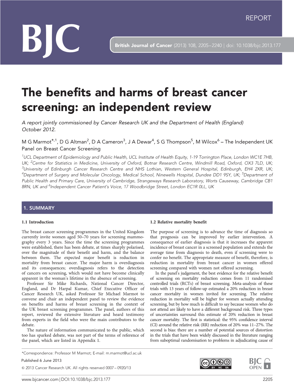 The Benefits and Harms of Breast Cancer Screening: an Independent Review