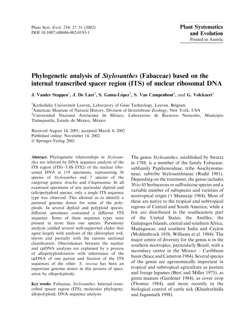 Phylogenetic Analysis of Stylosanthes (Fabaceae) Based on the Internal Transcribed Spacer Region (ITS) of Nuclear Ribosomal DNA