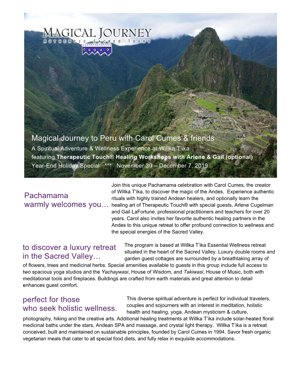 Magical Journey to Peru with Carol Cumes & Friends Pachamama