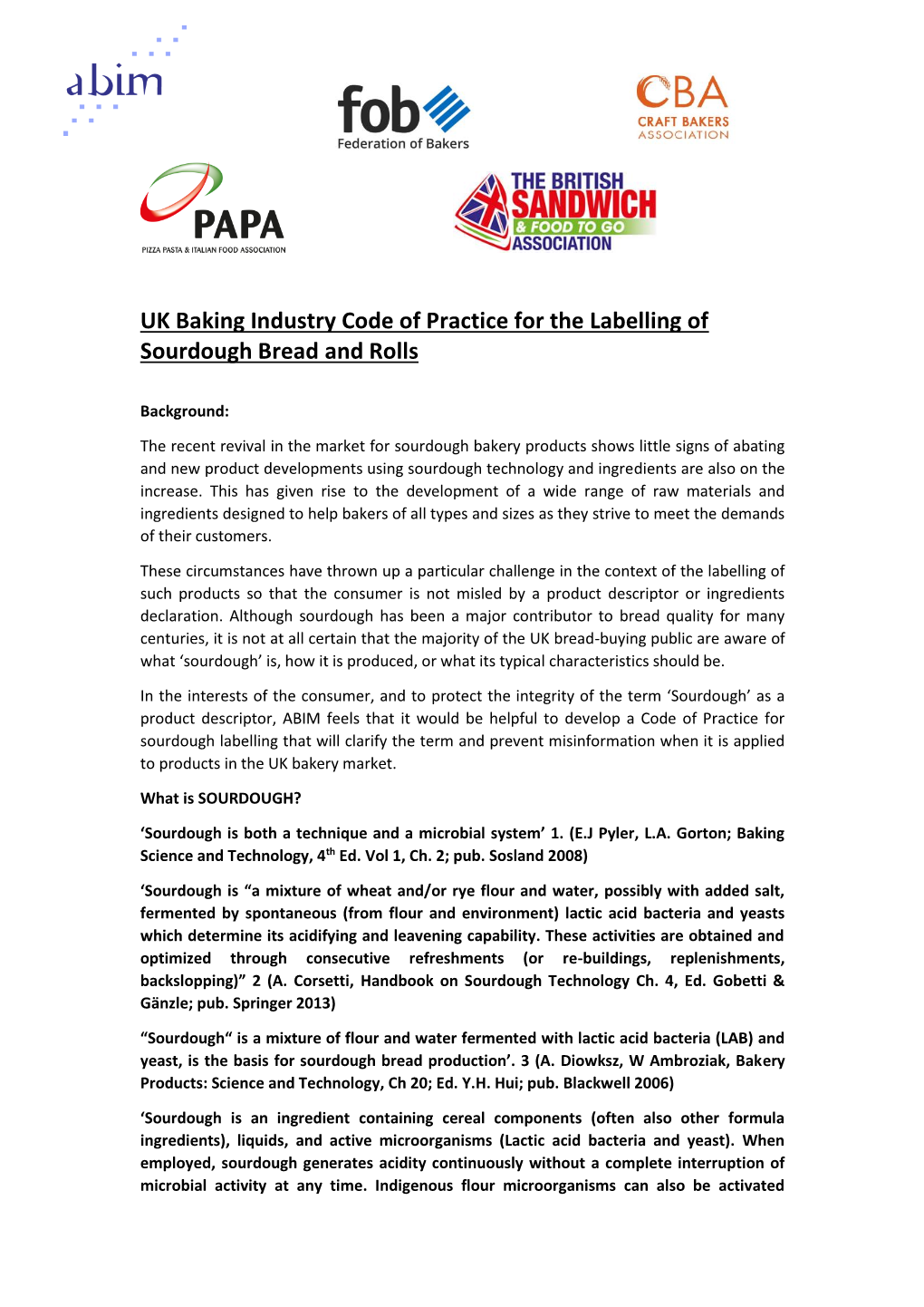 UK Baking Industry Code of Practice for the Labelling of Sourdough Bread and Rolls