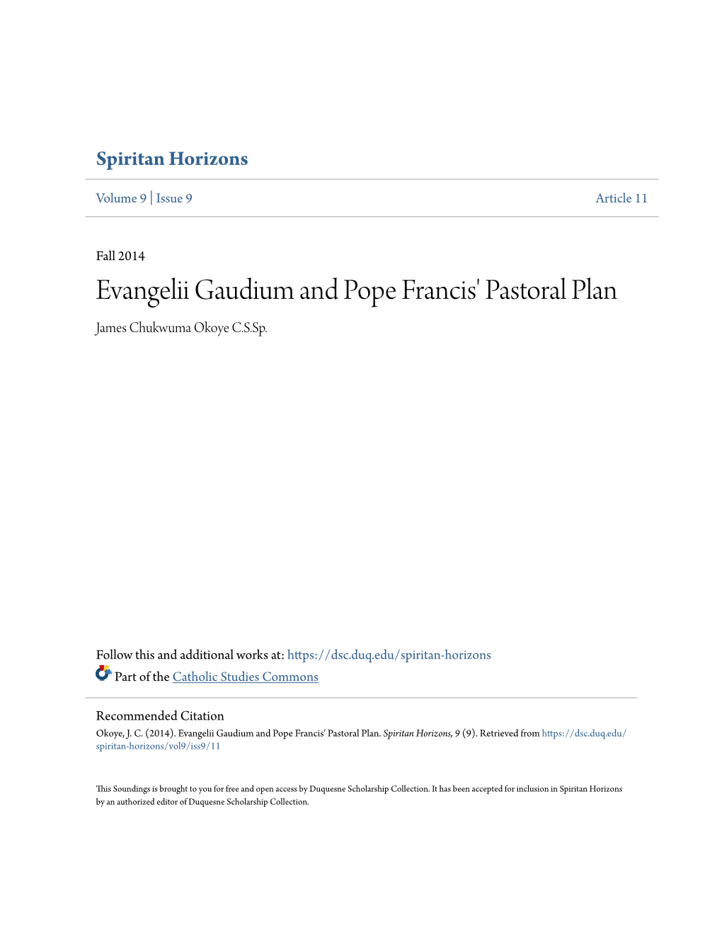 Evangelii Gaudium and Pope Francis' Pastoral Plan James Chukwuma Okoye C.S.Sp