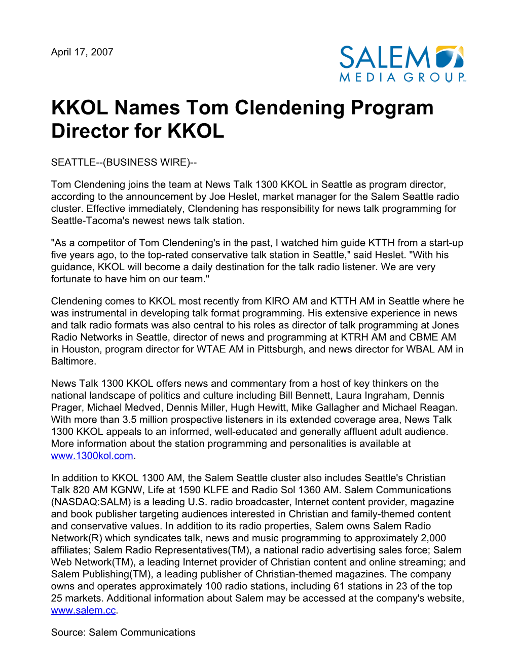 KKOL Names Tom Clendening Program Director for KKOL