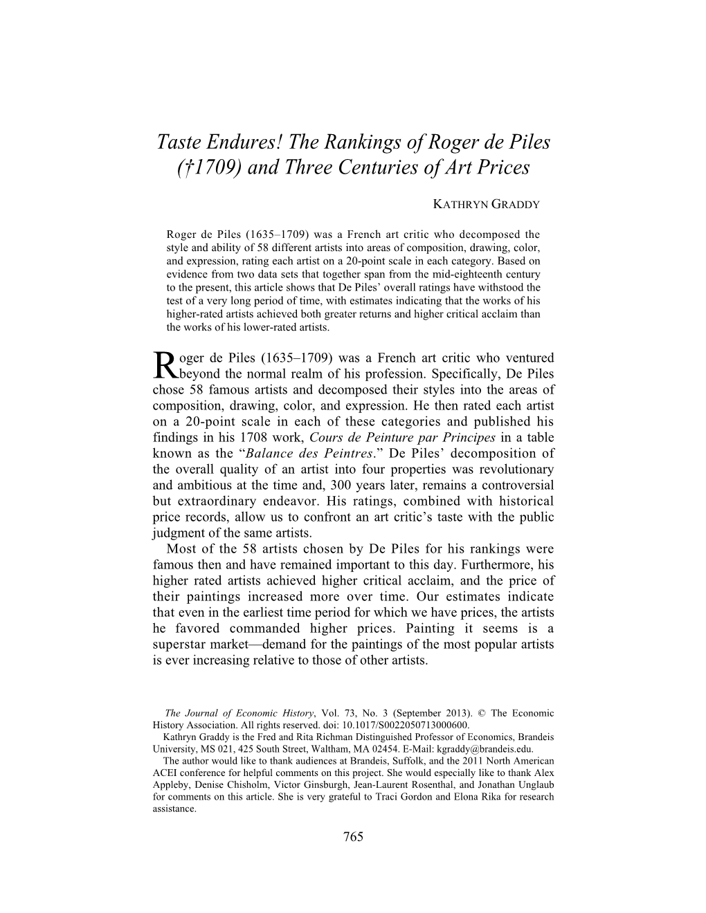 Taste Endures! the Rankings of Roger De Piles (†1709) and Three Centuries of Art Prices  KATHRYN GRADDY