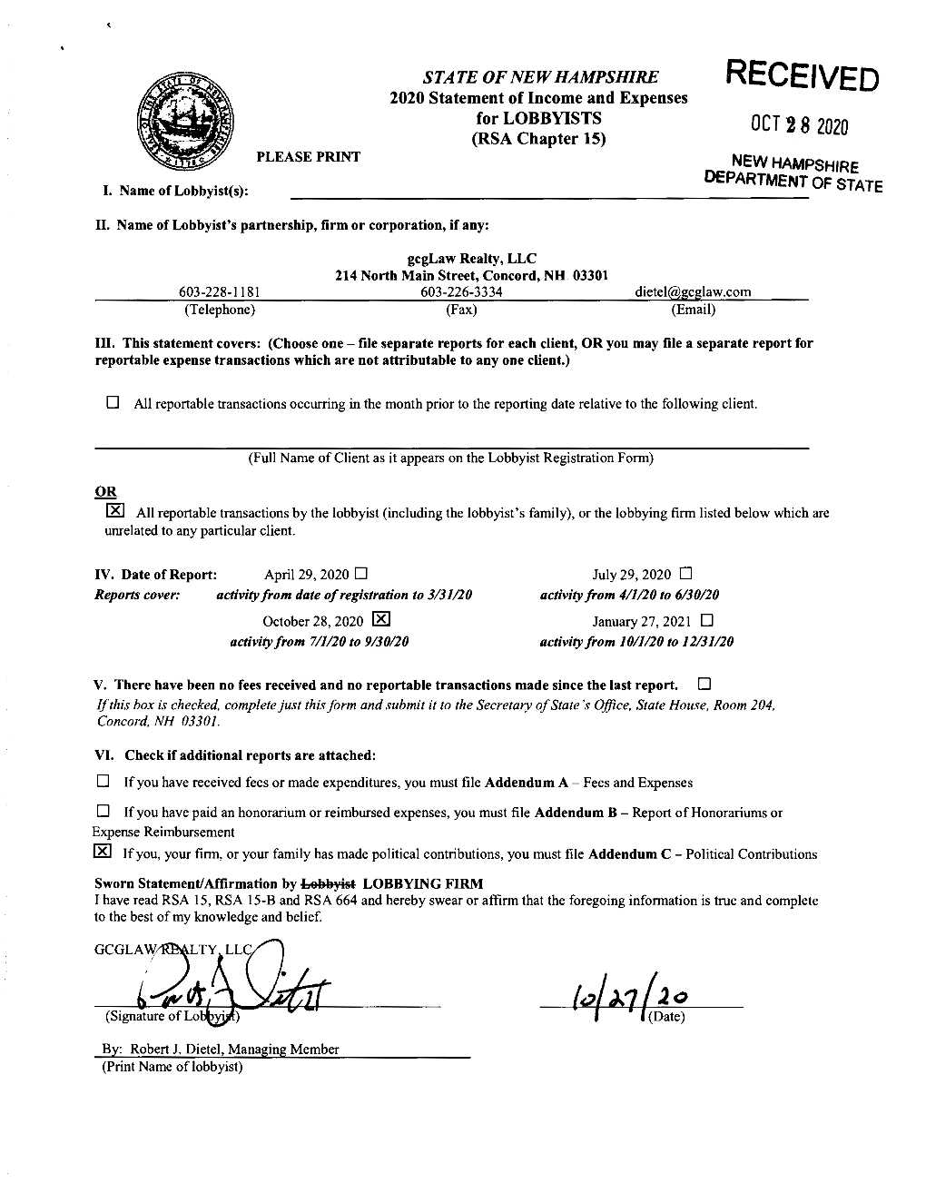 RECEIVED 2020 Statement of Income and Expenses for LOBBYISTS OCT 2 8 2020 (RSA Chapter 15) PLEASE PRINT NEW HAMPSHIRE DEPARTMENT of STATE I