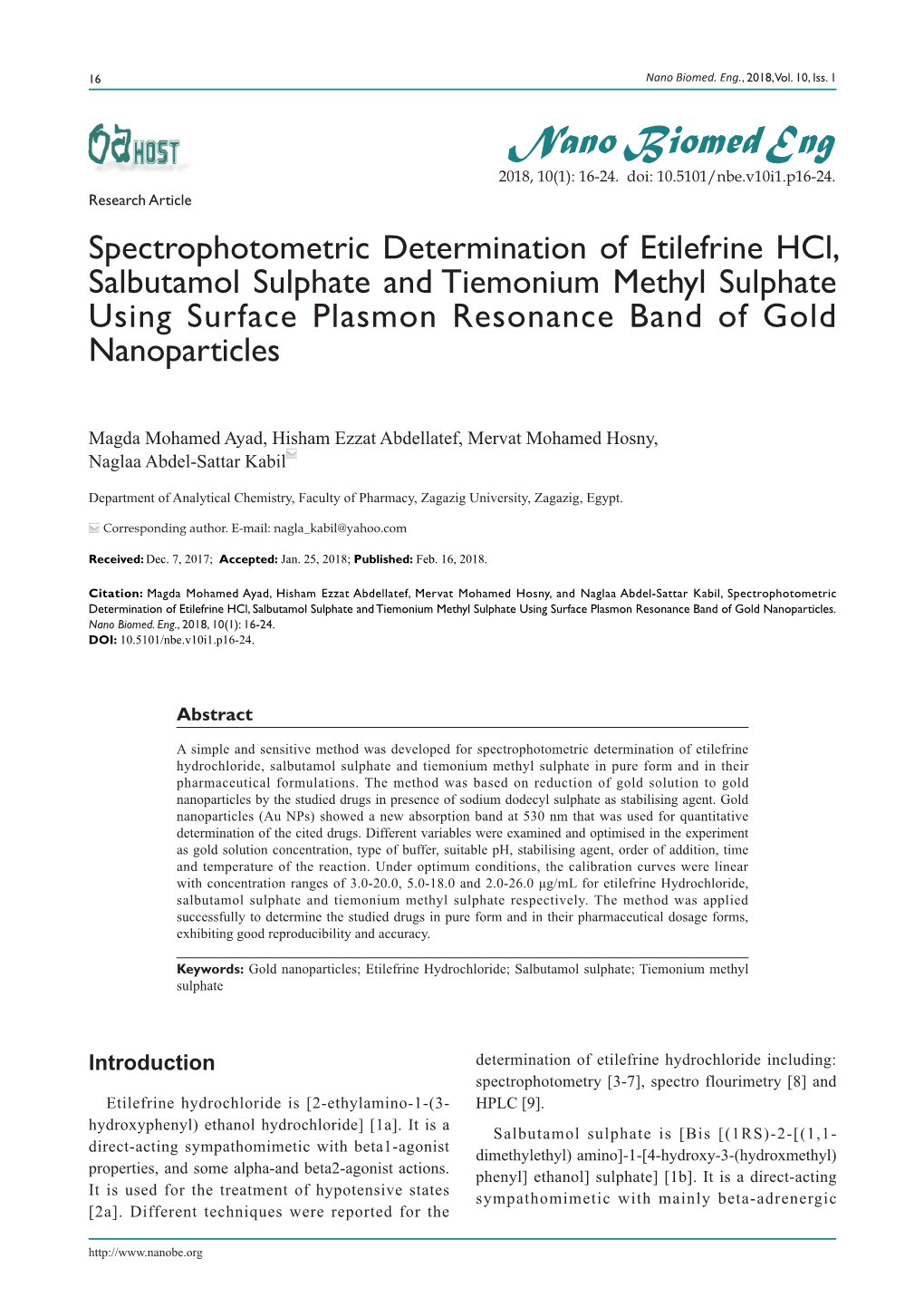 Spectrophotometric Determination of Etilefrine Hcl, Salbutamol Sulphate and Tiemonium Methyl Sulphate Using Surface Plasmon Resonance Band of Gold Nanoparticles