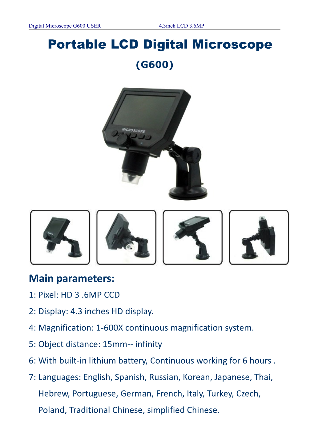 Digital Microscope G600 USER 4.3Inch LCD 3.6MP