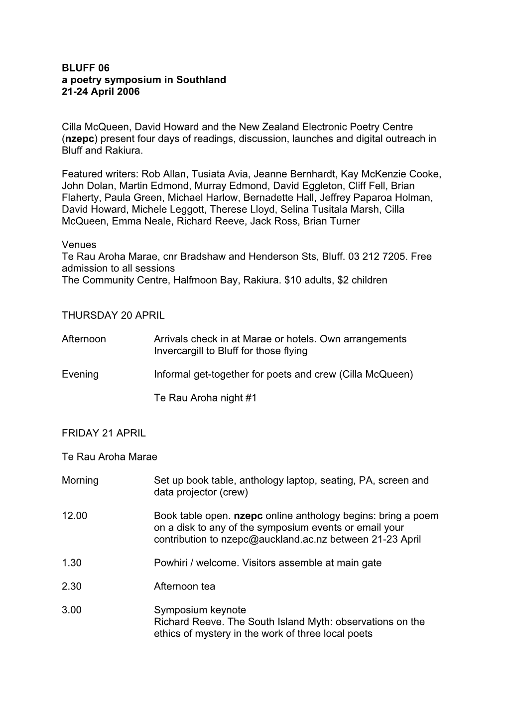 BLUFF 06 a Poetry Symposium in Southland 21-24 April 2006