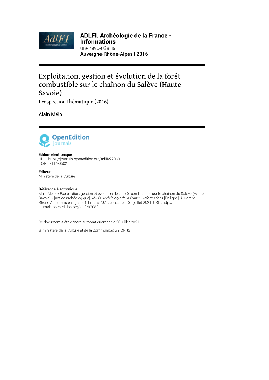 Exploitation, Gestion Et Évolution De La Forêt Combustible Sur Le Chaînon Du Salève (Haute- Savoie) Prospection Thématique (2016)