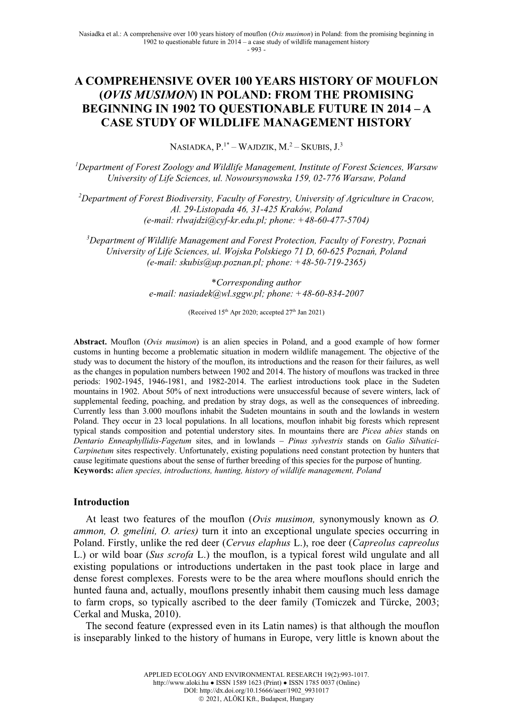 Ovis Musimon) in Poland: from the Promising Beginning in 1902 to Questionable Future in 2014 – a Case Study of Wildlife Management History - 993