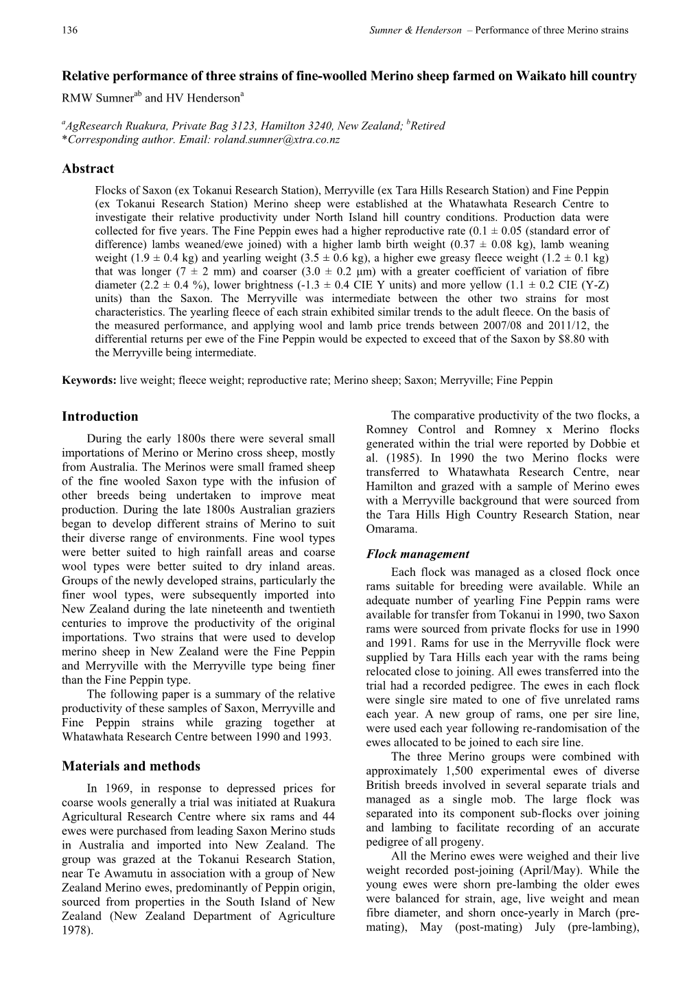 Relative Performance of Three Strains of Fine-Woolled Merino