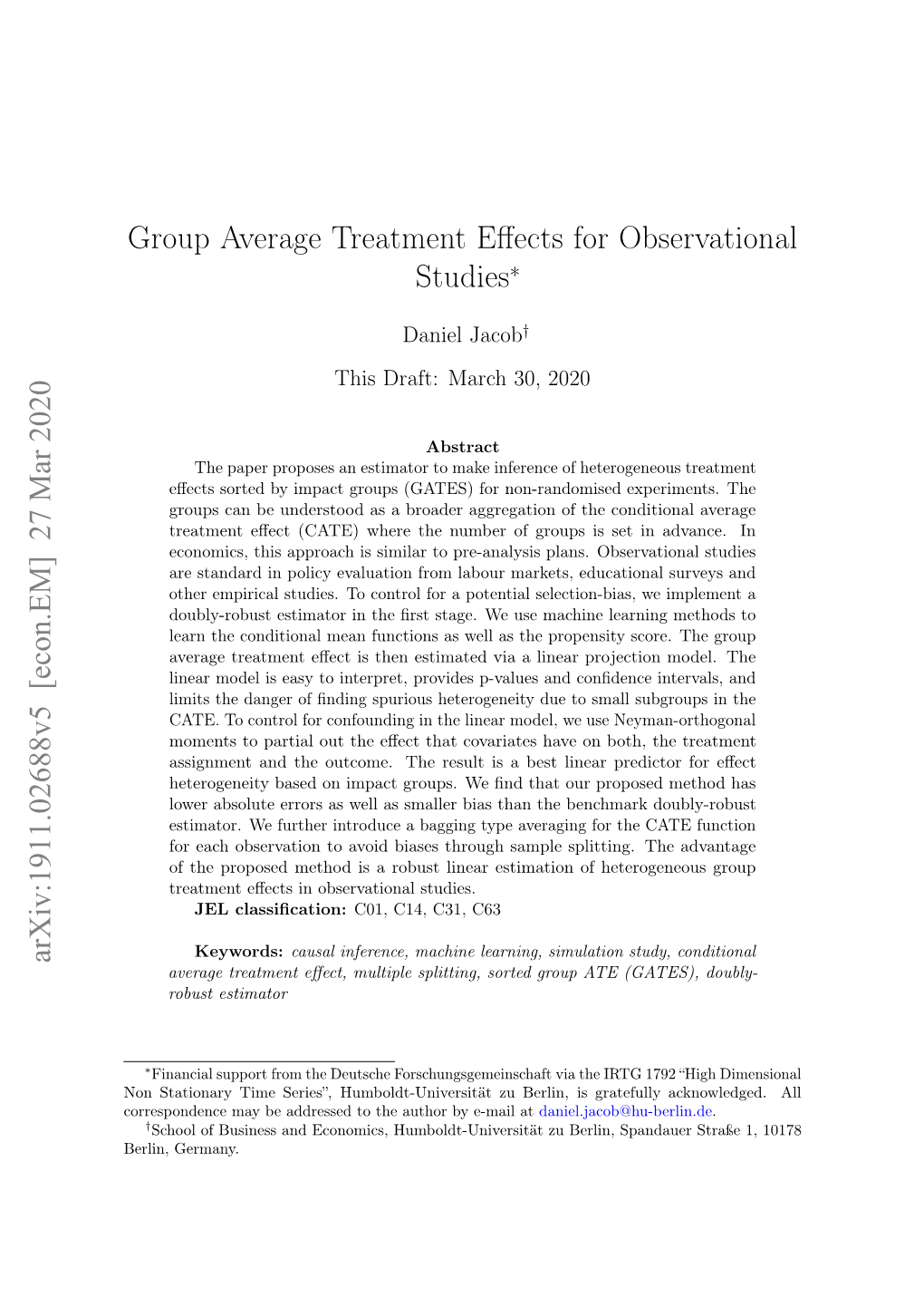 Group Average Treatment Effects for Observational Studies∗ Arxiv