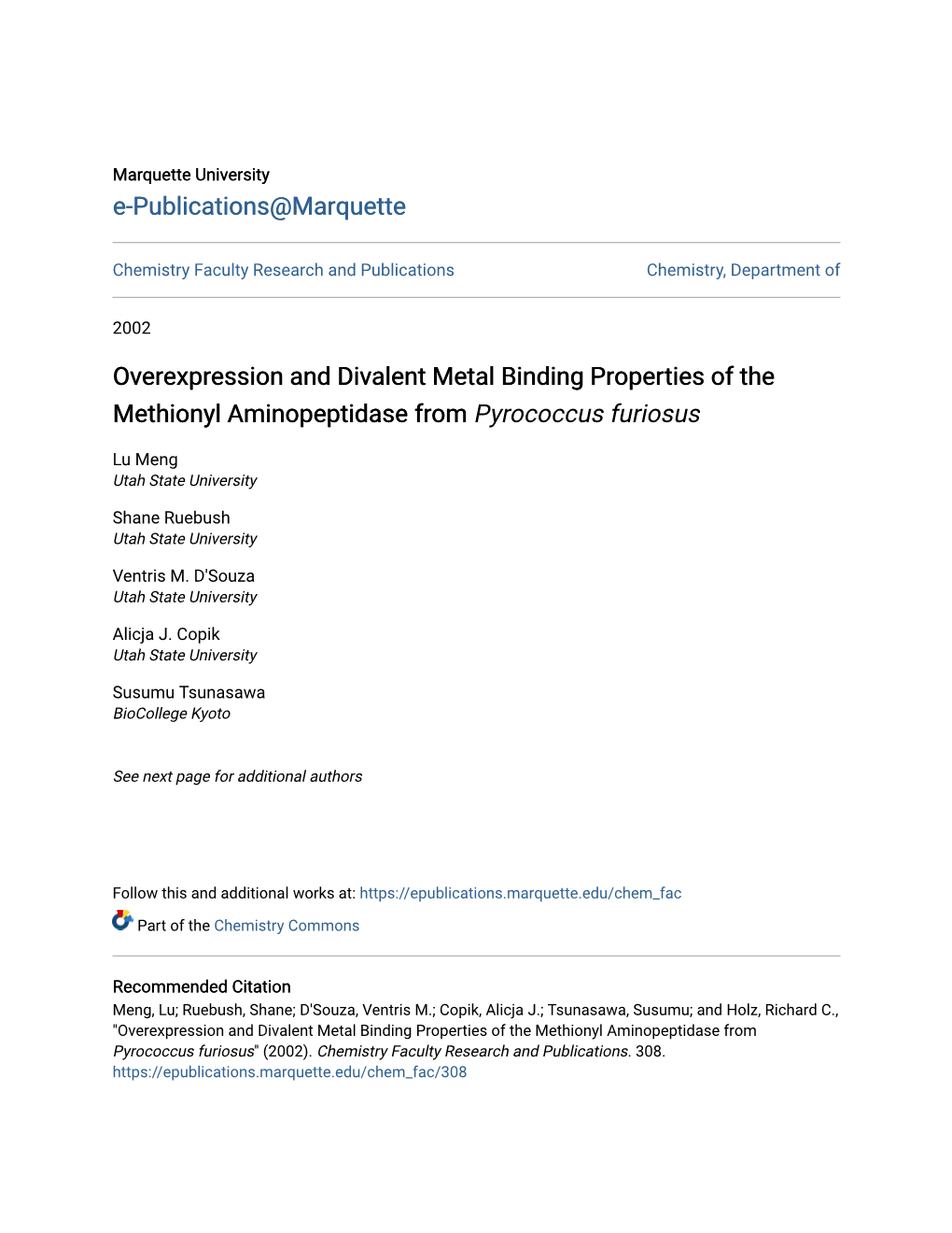 Overexpression and Divalent Metal Binding Properties of the Methionyl Aminopeptidase from Pyrococcus Furiosus