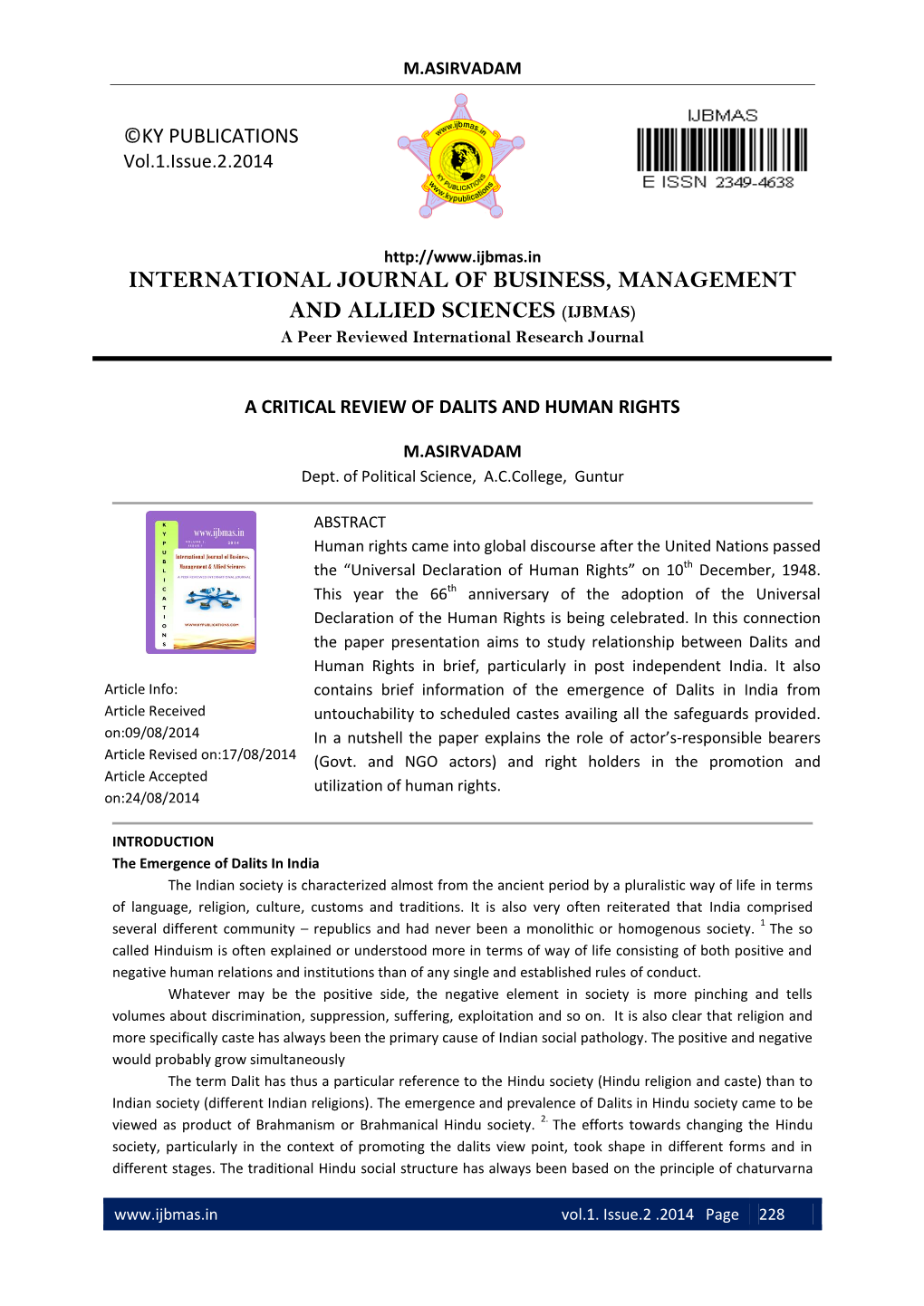INTERNATIONAL JOURNAL of BUSINESS, MANAGEMENT and ALLIED SCIENCES (IJBMAS) a Peer Reviewed International Research Journal