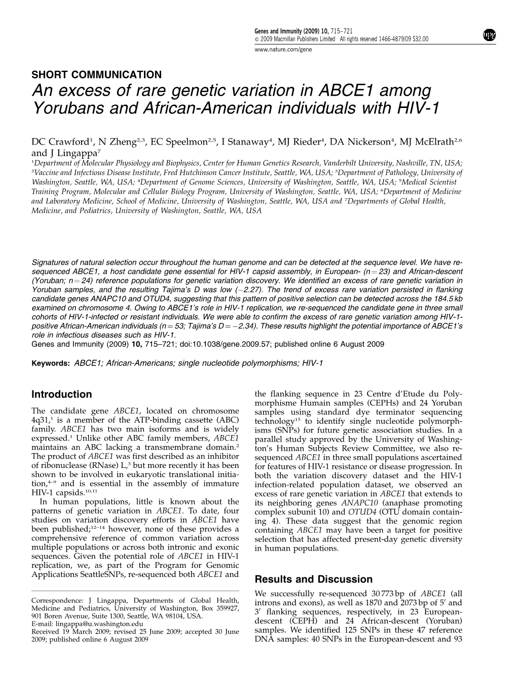 An Excess of Rare Genetic Variation in ABCE1 Among Yorubans and African-American Individuals with HIV-1