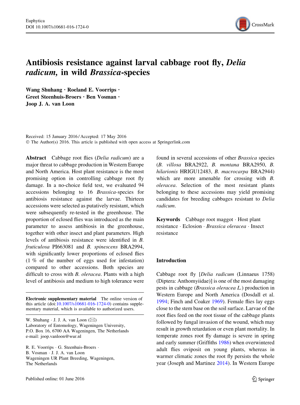 Antibiosis Resistance Against Larval Cabbage Root Fly, Delia Radicum, In