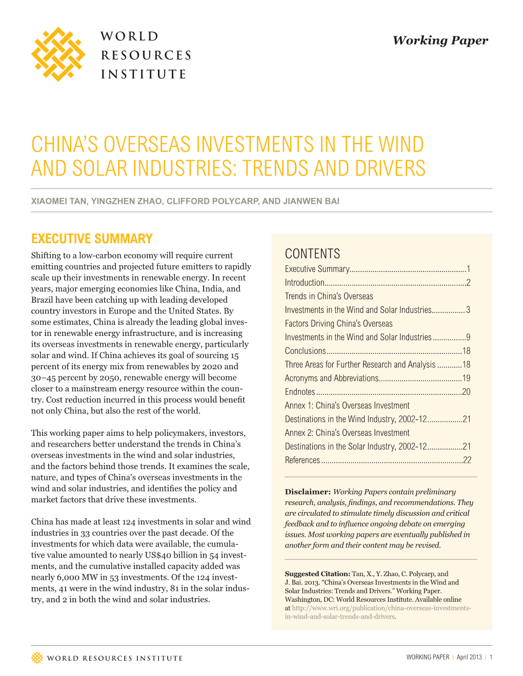 China's Overseas Investments in the Wind and Solar Industries