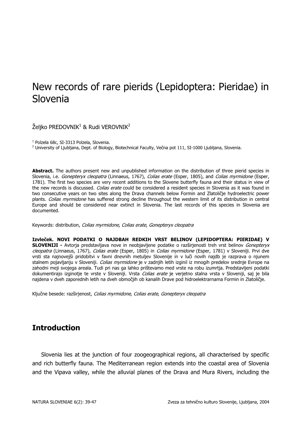 New Records of Rare Pierids (Lepidoptera: Pieridae) in Slovenia