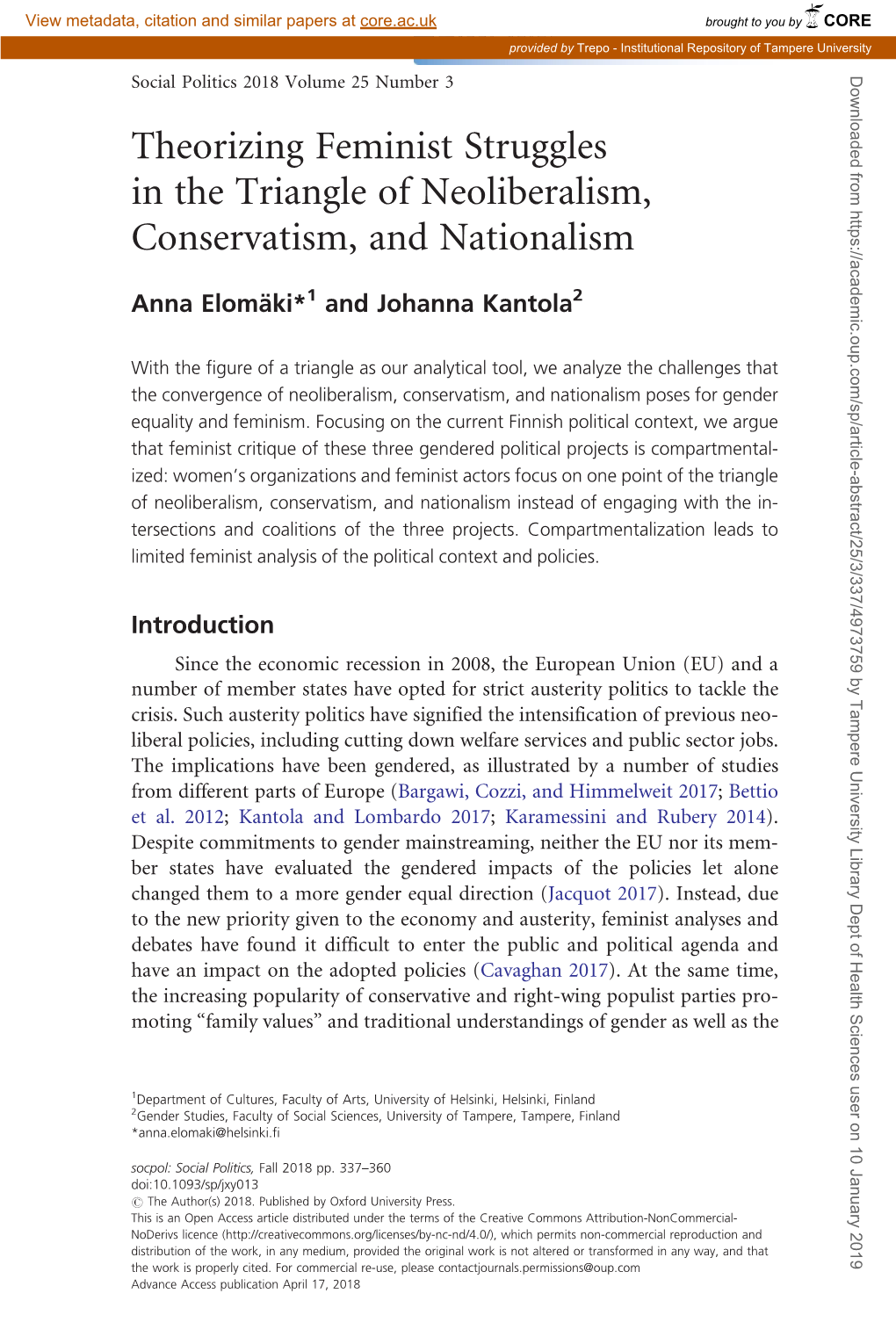 Theorizing Feminist Struggles in the Triangle of Neoliberalism, Conservatism, and Nationalism