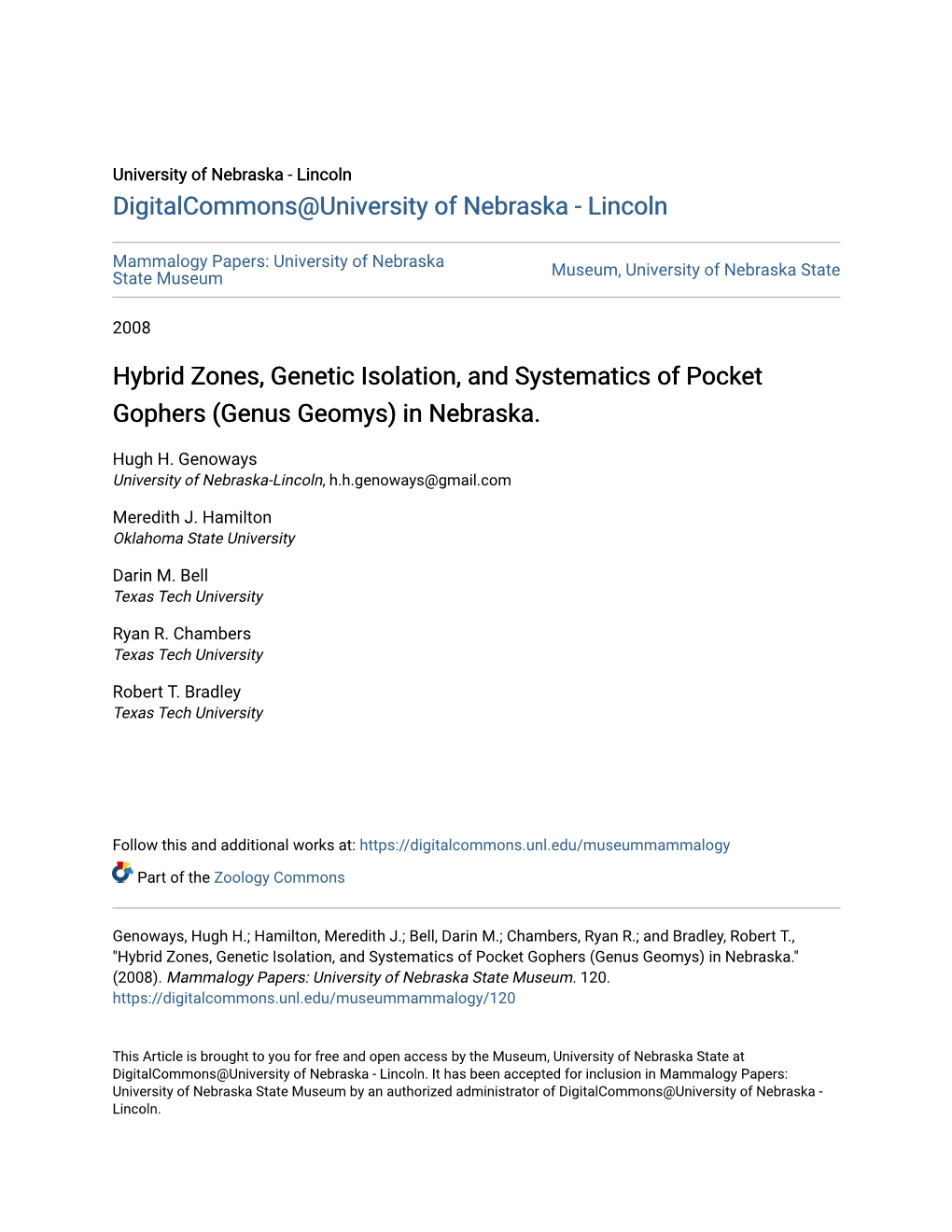 Hybrid Zones, Genetic Isolation, and Systematics of Pocket Gophers (Genus Geomys) in Nebraska