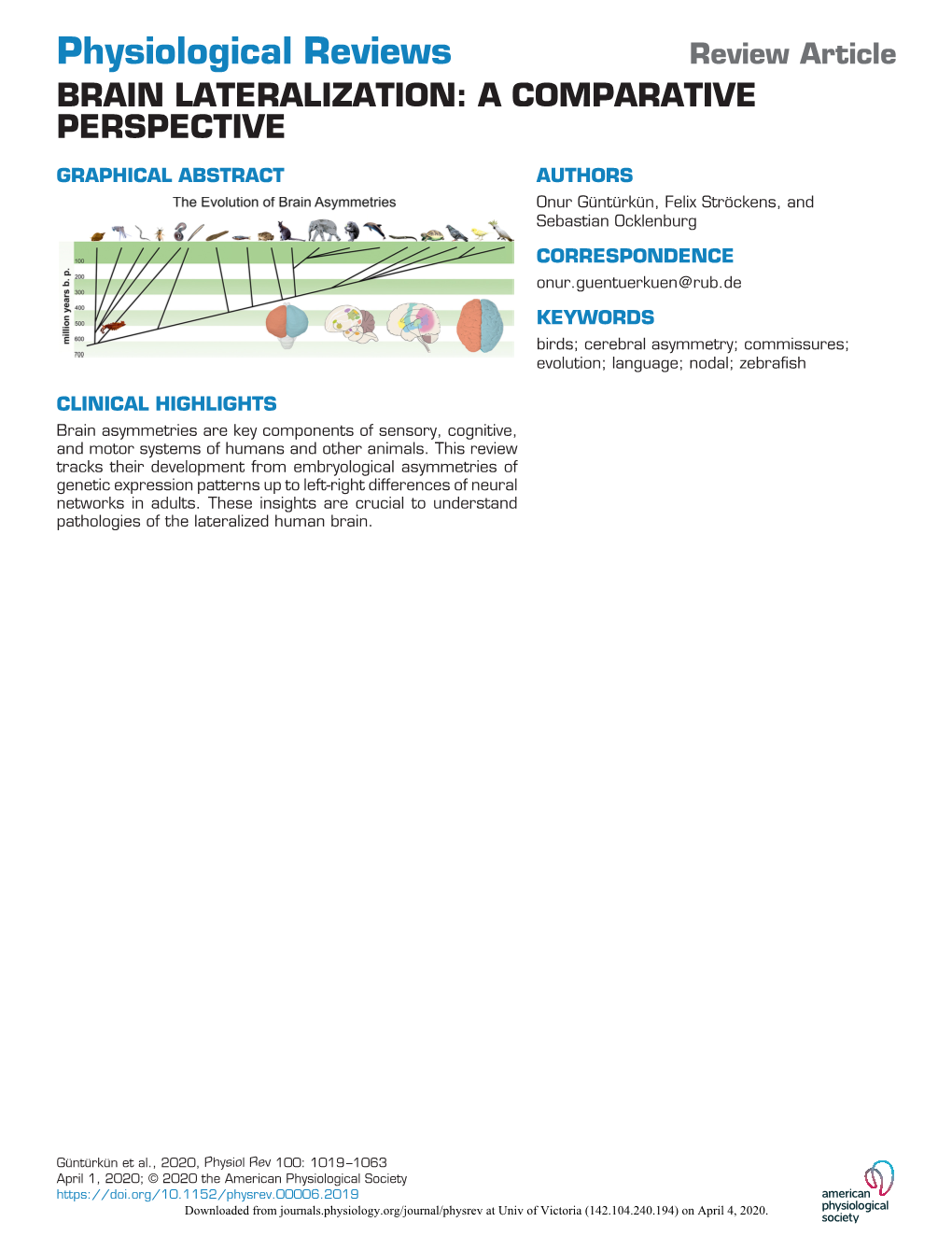 Brain Lateralization: a Comparative Perspective