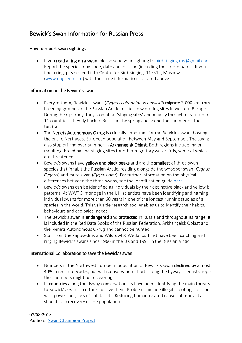 Bewick's Swan Information for Russian Press