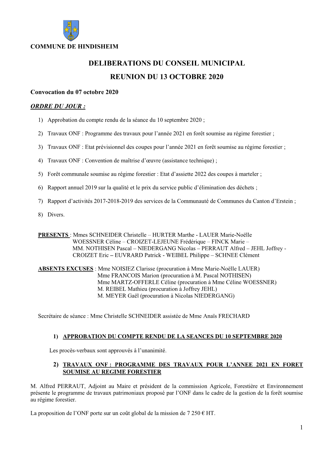 Deliberations Du Conseil Municipal Reunion Du 13 Octobre 2020